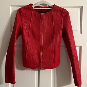 Red Giorgio Armani leather jacket.  Size 36, runs small would fit a size 0-2